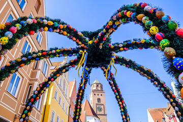 typical decorated easter well at the old town of Donauwörth