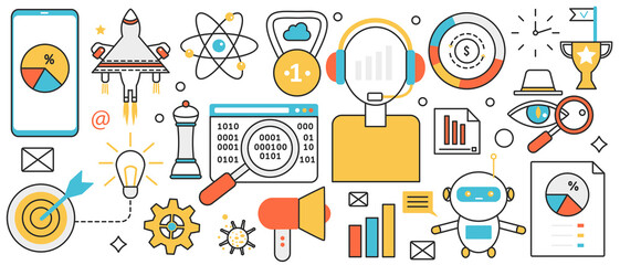 Process of automation in industry, robots. Abstract launch of rocket and creative startup project, automatic control of innovations and development in infographic concept banner, thin line art design