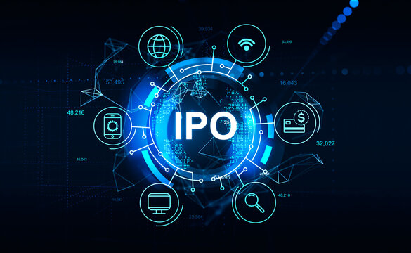 IPO, cryptocurrency and digital hologram with business icons