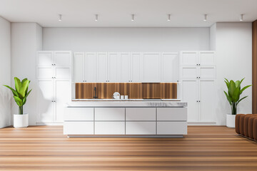 Fototapeta na wymiar Light kitchen interior with island and shelves, wooden floor