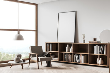 Lounge room interior with seat and shelf with panoramic window. Mockup frame