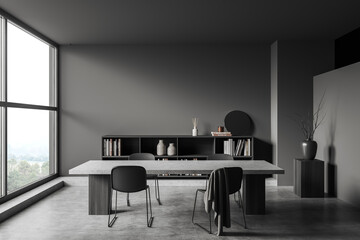 Grey meeting room interior with table and seats, shelf and panoramic window