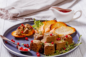 liver pate cubes on plate with toast and berries