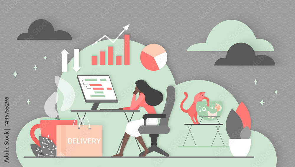 Poster remote work from home. business analysis from tiny woman sitting at computer monitor and working wit