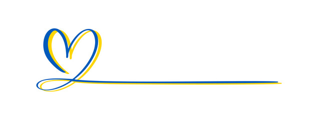 Stop the war in Ukraine. Love icon vector doodle heart and line for text. Ukrainian colors blue and yellow. Hand drawn valentine day logo. Decor for greeting card, wedding, tag, photo overlay poster
