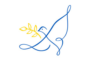 Flying peace dove with olive branch. No war. Military conflict between Russia and Ukraine. Calligraphy vector illustration. Symbol of peace and freedom