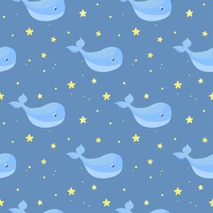 Seamless pattern with baby whale and stars. Vector illustration.