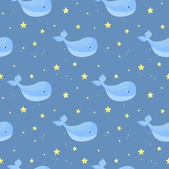 Seamless pattern with baby whale and stars. Vector illustration.