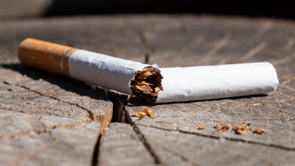 broken cigarette close up, nicotine addiction stop smoking.