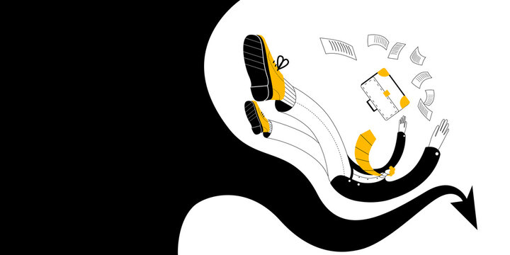 A man in business clothes with a briefcase falls among the documents. Vector two-color illustration on the topic of failure and crisis in business. Horizontal banner template.