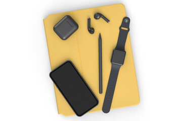 Computer tablet with stylus, smartwatch, phone and headphone on white background