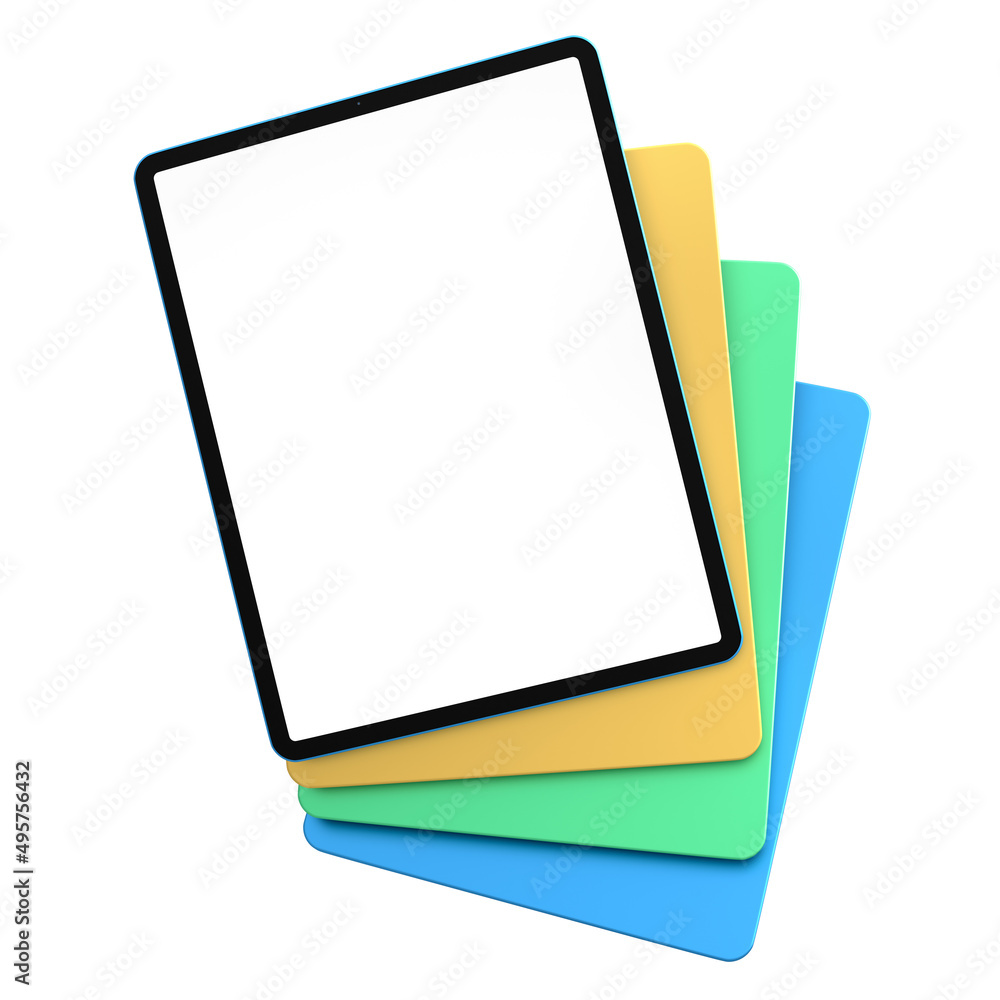 Poster set of computer tablets with cover case and blank screen isolated on white.