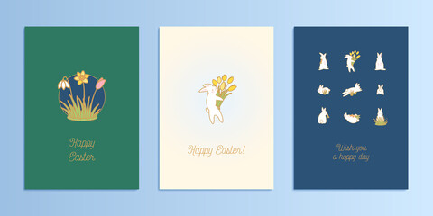 Happy Easter greeting card, template collection with easter bunny and flowers. Vector illustration set for invitation, poster and flyer.