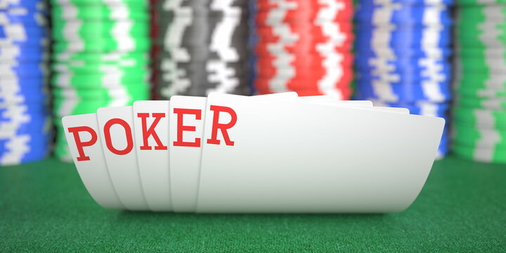 Poker text on playing cards on the table, 3d rendering