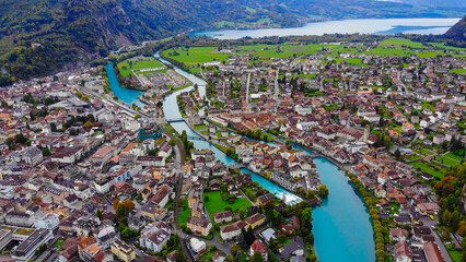 City of Interlaken in Switzerland from above - amazing drone footage