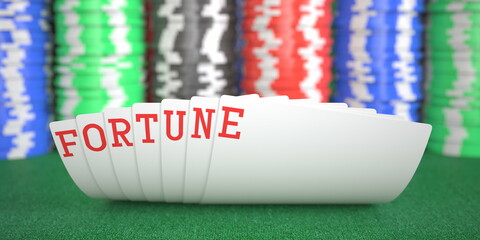 Fortune text on playing cards on the table, 3d rendering
