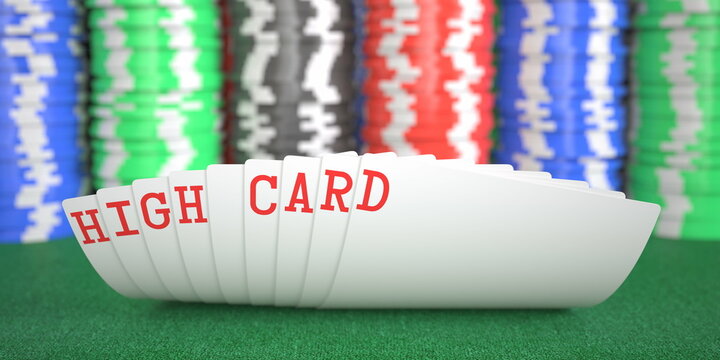 High card text on playing cards on the table, 3d rendering