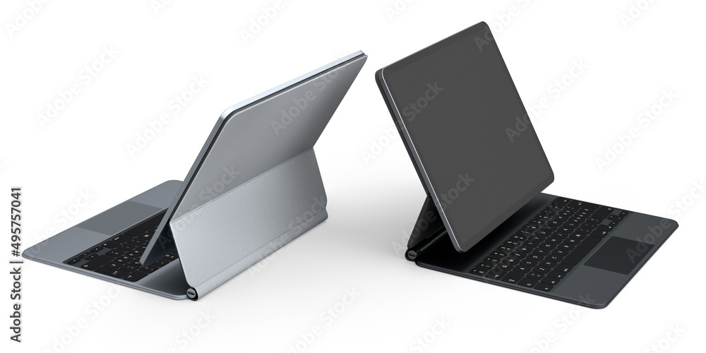 Aufkleber set of computer tablet with keyboard and blank screen isolated on white.