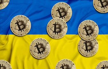 Physical cryptocurrency symbol on the map of Russia and Ukraine. Concept of financial sanctions