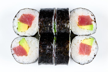 Top view of sushi nigiri, maki, sashimi rolls isolated on a white background © Adwork Media/Wirestock Creators