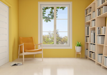 Armchair in yellow living room for mockup, 3D rendering