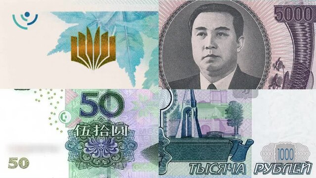 National currencies of different countries. Banknotes background. Business and economy concept. Euro, Dollar, Yen, Won, Yuan, Ruble.