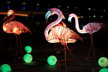 Luminous Flamingos. Traditional lamps from china lantern festival. Chinese Lunar New year...