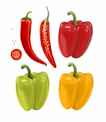 Set of chili and bulgarian peppers on a white background. Stock illustration.