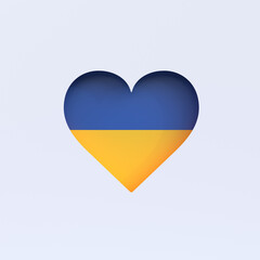 Heart with colors of Ukrainian flag isolated on white background with copy space. Support Ukraine. Paper cut. 3D rendering 3D illustration
