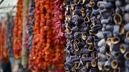Sun Dried Eggplant and Red Peppers Blurred Backgorund at Spice Market Turkey