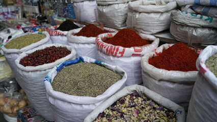 Red Powdered Pepper in Sacks in the Market