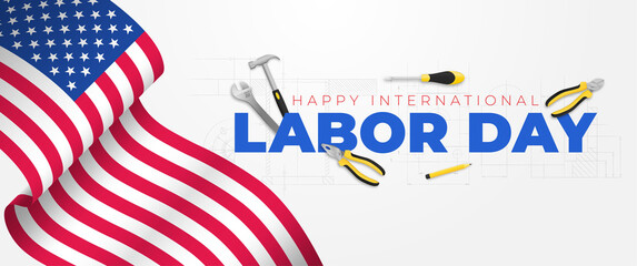 advertising banner or poster template with USA flag for labor day. vector illustration with construction tools. labor day celebration concept.