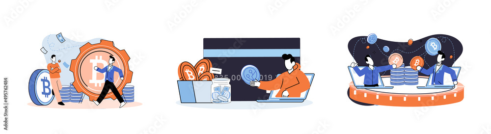 Poster cryptocurrency bitcoin mining metaphor blockchain exchange platform. cyber banking procedures, bitco