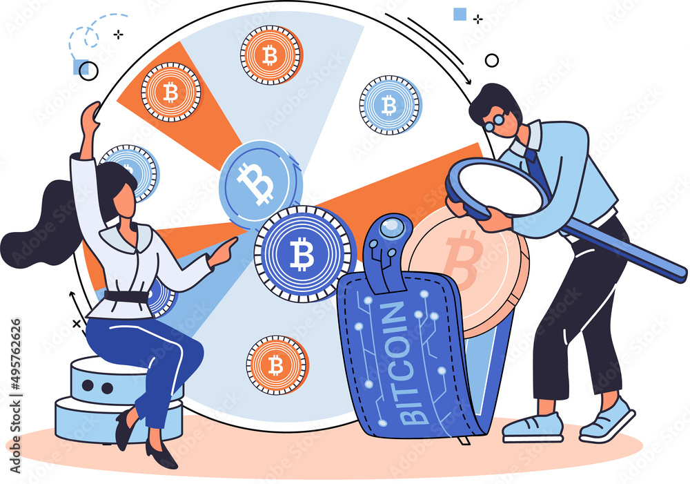 Poster cryptocurrency bitcoin mining metaphor blockchain exchange platform. cyber banking procedures, bitco