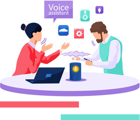 Voice assistant. Smart speaker virtual assistant, sound robot, people using voice controlled smart speaker. Voice activate digital assistant identification control contactless mobile device microphone