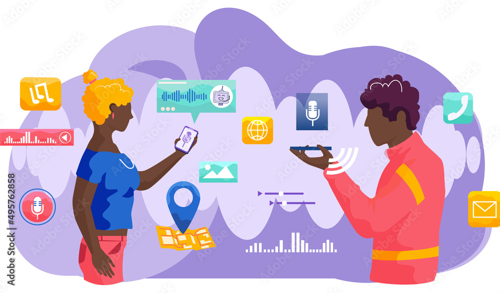 Poster voice assistant. smart speaker virtual assistant, sound robot, people using voice controlled smart s