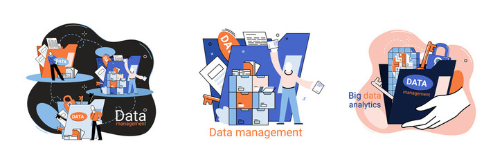 Big data analytics platform, data management and protection creative metaphor set abstract concept. Data center room disk infrastructure business information safety. Technology Internet and network