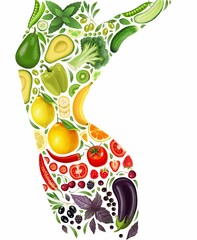 Slim female body made of vegetables and fruits. Concept on the topic of vegetarianism, veganism, raw food. Stock illustration. - obrazy, fototapety, plakaty
