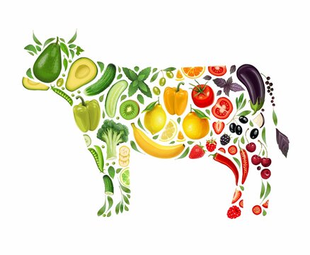 A cow made from vegetables and fruits. Concept on the topic of vegetarianism, veganism, raw food. Stock illustration.