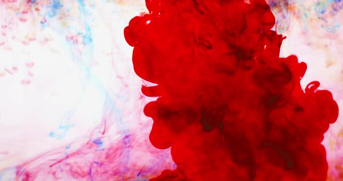 Fl&uuml;ssige Abstraktion, rote und blaue Tinte l&ouml;st sich in Wasser auf, ein flie&szlig;ender organischer Hintergrund