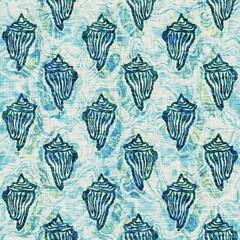 Aegean Teal seashell nautical sealife seamless pattern. Grunge distress faded linen effect background for marine home decor fabric textiles. 