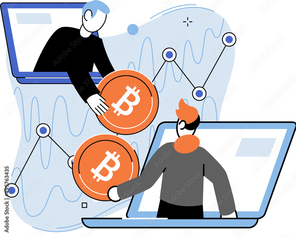 Poster cryptocurrency bitcoin mining metaphor blockchain exchange platform. cyber banking procedures, bitco