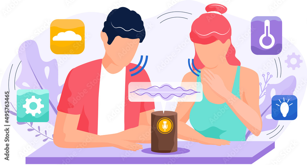 Poster voice assistant. smart speaker virtual assistant, sound robot, people using voice controlled smart s