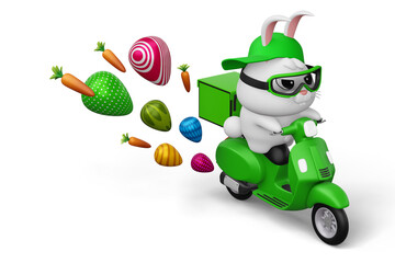 Happy easter day, rabbit delivery, cute bunny with colorful egg, 3d rendering