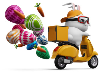 Happy easter day, rabbit delivery, cute bunny with colorful egg, 3d rendering