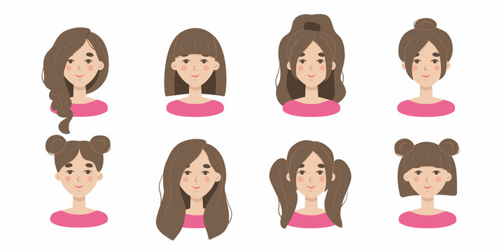 Set of modern fashion hairstyles. Beautiful collection of woman portraits with trendy haircuts. Long hair, short hair, curly hair salon trends. Vector cartoon illustrations isolated on white