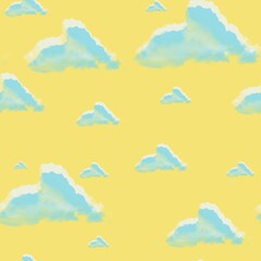 clouds and sun. Seamless yellow pattern with blue clouds. Yellow background. Print for children's room, children's clothes, postcards, poster, print for children's clothes.