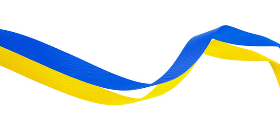 Blue and yellow ribbons isolated on a white background, Ukraine flag. Concept of supporting Ukraine.