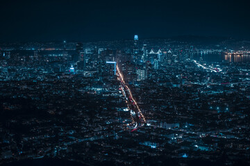Aerial shot of the night illuminated cityscape with skyscrapers and loud streets