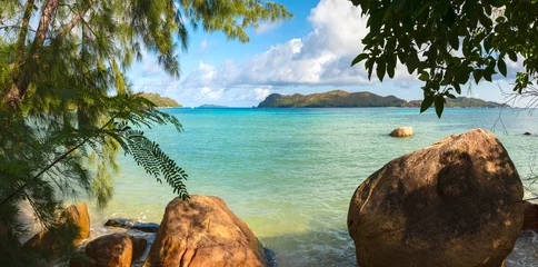 Fotobehang Aquablauw Palm en tropisch strand, ropisch landschap van zomerlandschap, concept van vakantiereizen
